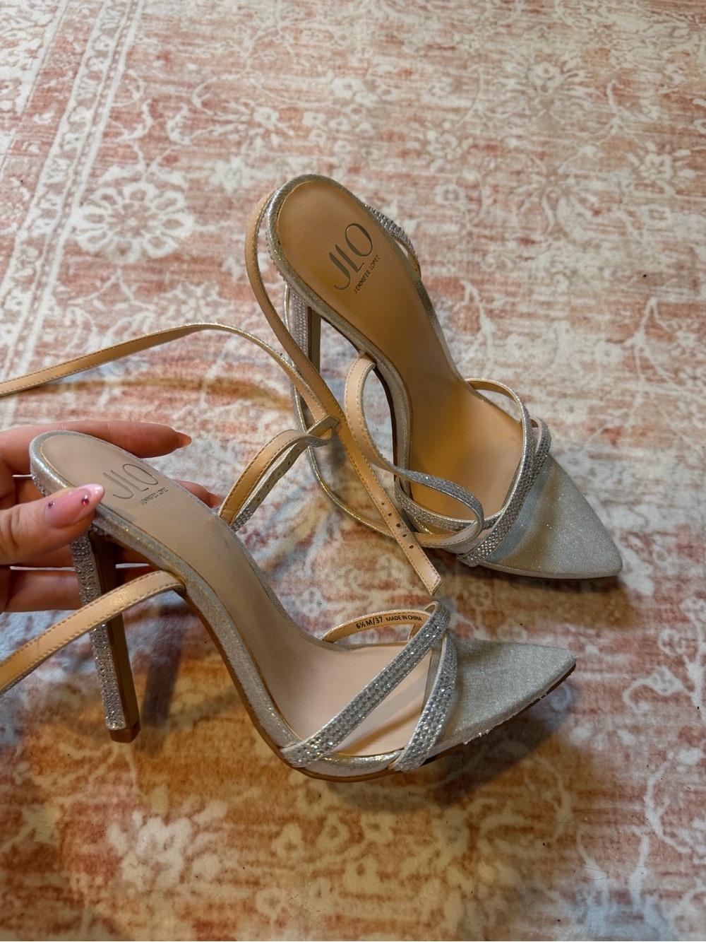 Jennifer Lopez Silver Glitter Strappy High Heel Sandals Size 6.5